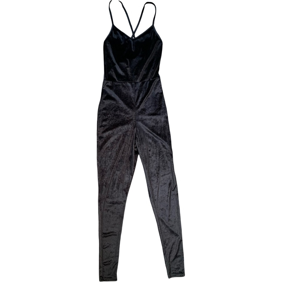 ASOS Collusion UK Black Velvet Jumpsuit Spaghetti Strap V Neck Cross Back Witchy - Picture 2 of 16